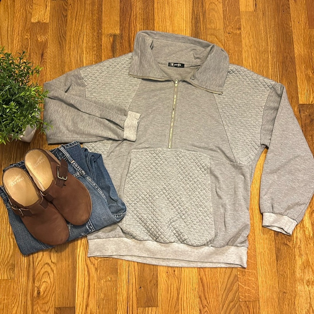 BTFBM Gray Textured Quarter Zip Long Sleeve Pullover Sweatshirt Womens Large